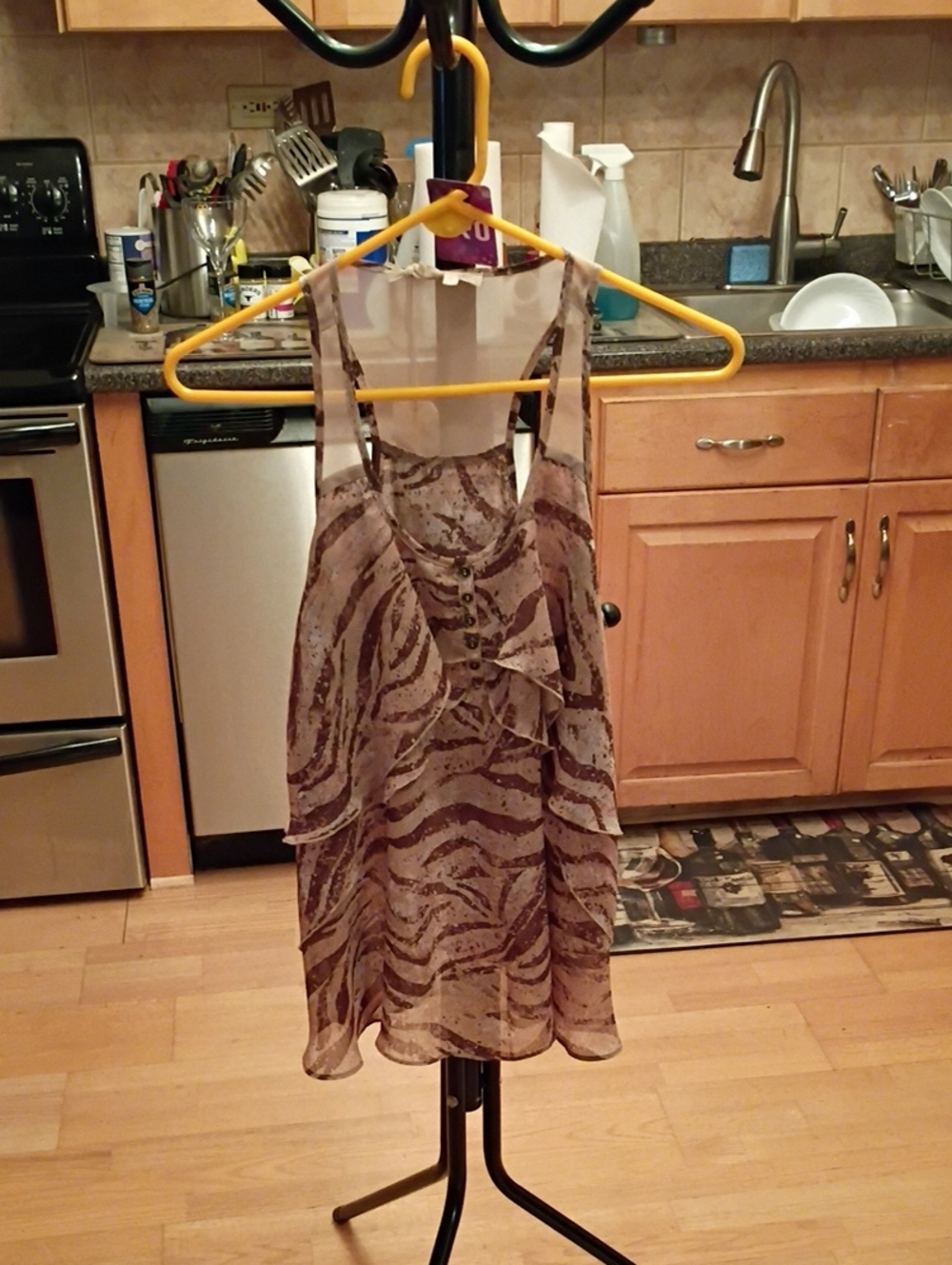 Mystree Taupe and Brown Zebra-Print Ruffle Sheer Camisole